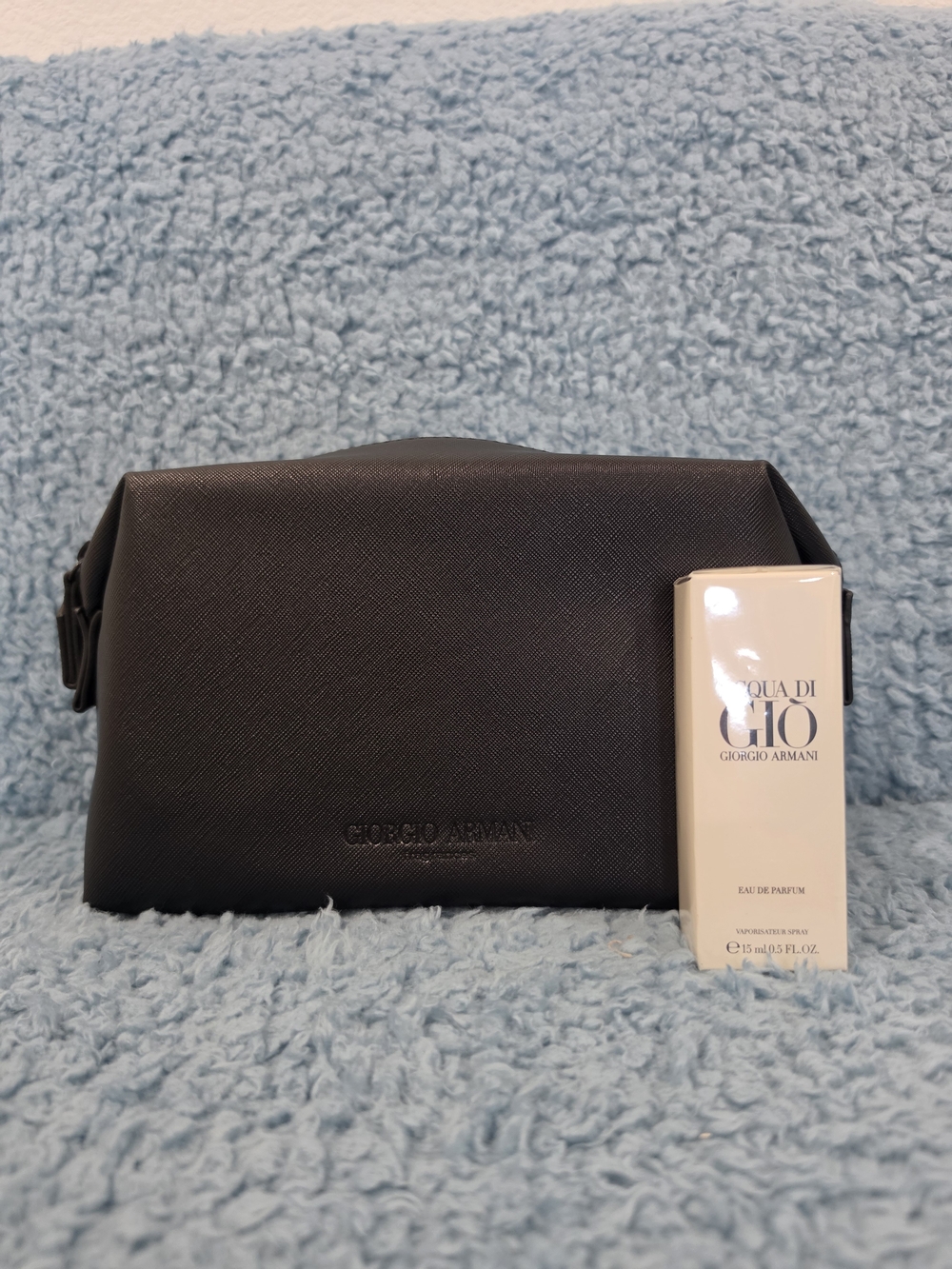 Giorgio Armani Black Textured Leather Men's Toiletry Bag and 15ml EDP.